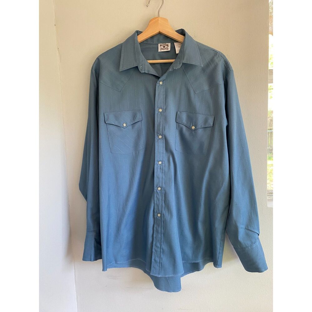 Vintage Western Frontier Shirt Men's L Blue Striped Pearl Snap Western  USA